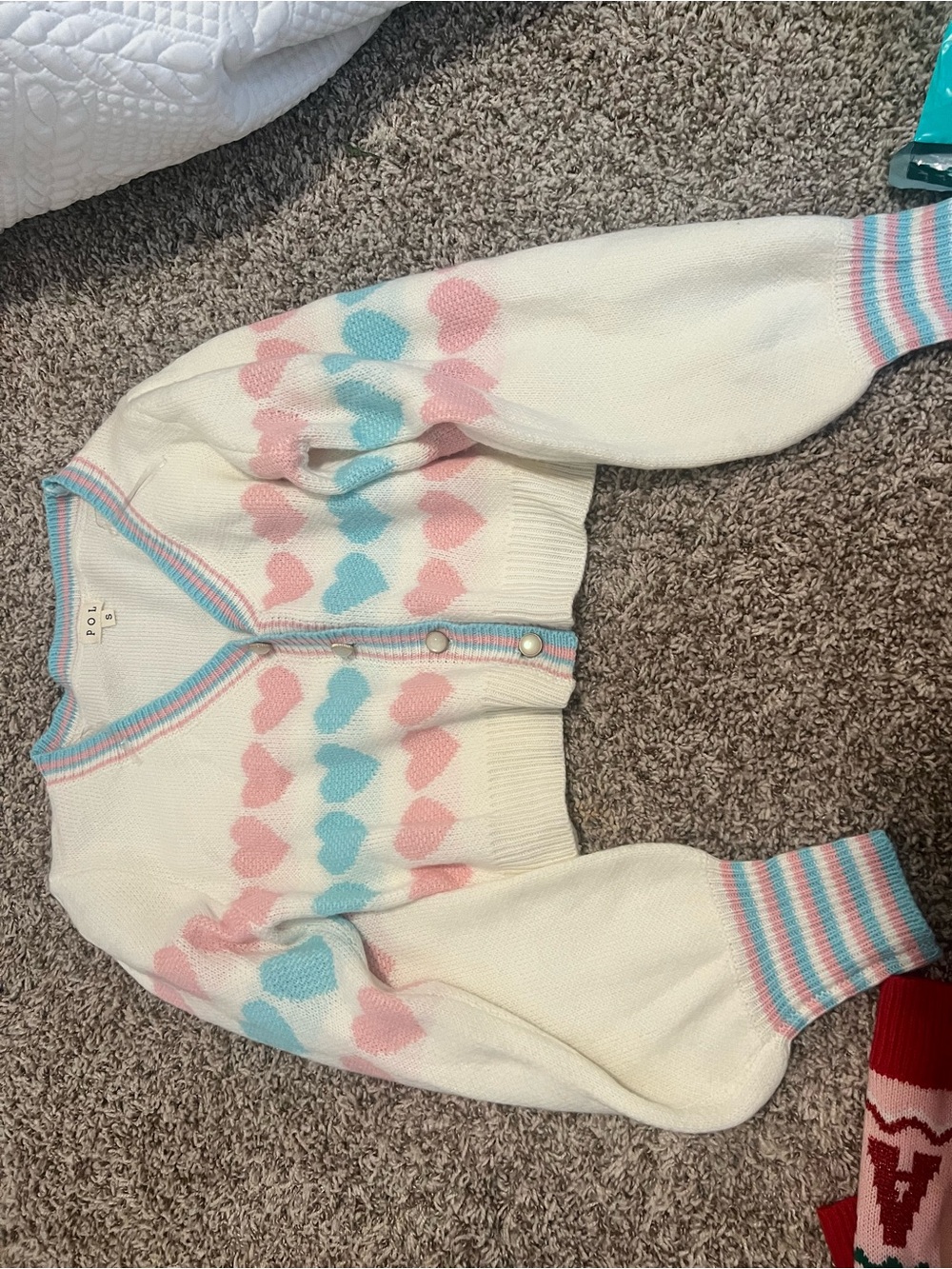 POL Women's Heart-Pattern Knit Cardigan — White with Pink & Blue Hearts